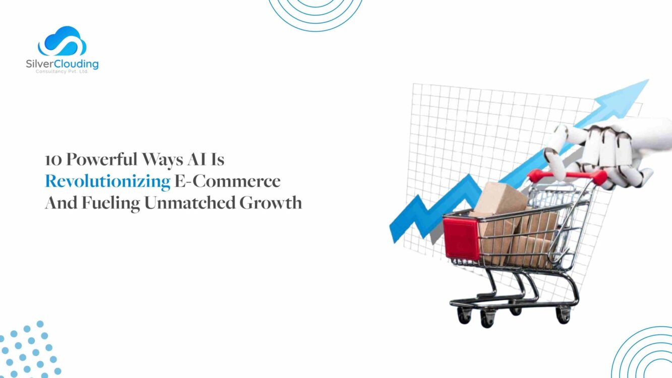 Illustration of AI technology automating various aspects of e-commerce, including customer service, product recommendations, and inventory management.